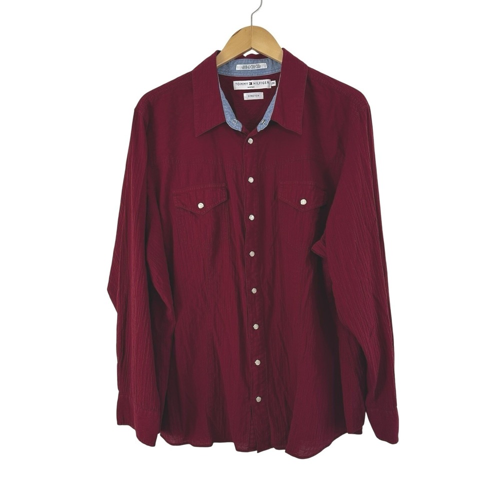 Vintage Tommy‎ Hilfiger Western Shirt Pearl Snap Red Womens 24 Stretch Crinkle